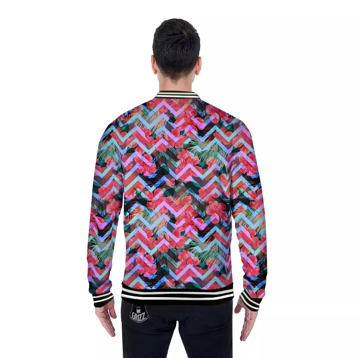 Chevron Red Hibiscus Print Pattern Baseball Jacket-grizzshop