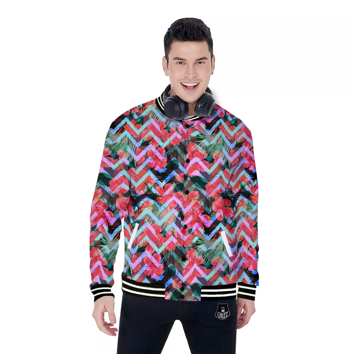 Chevron Red Hibiscus Print Pattern Baseball Jacket-grizzshop
