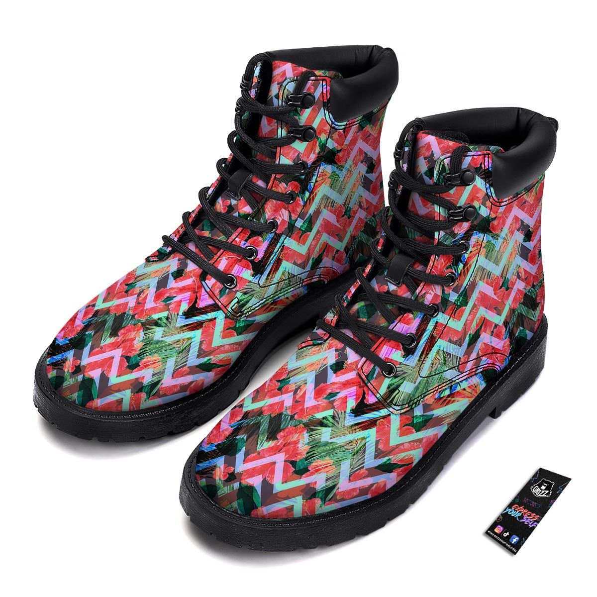 Chevron Red Hibiscus Print Pattern Boots-grizzshop