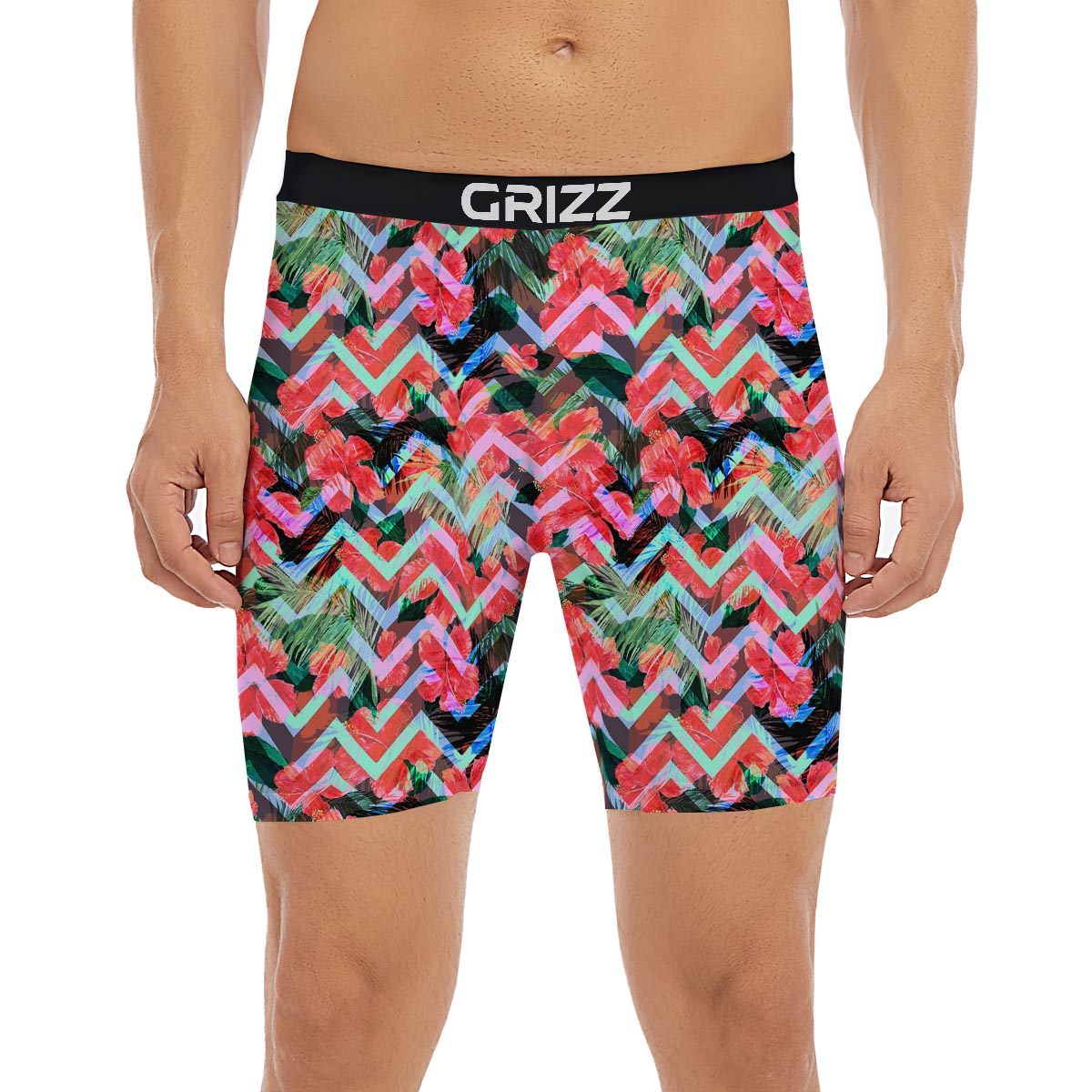 Chevron Red Hibiscus Print Pattern Boxer Briefs-grizzshop