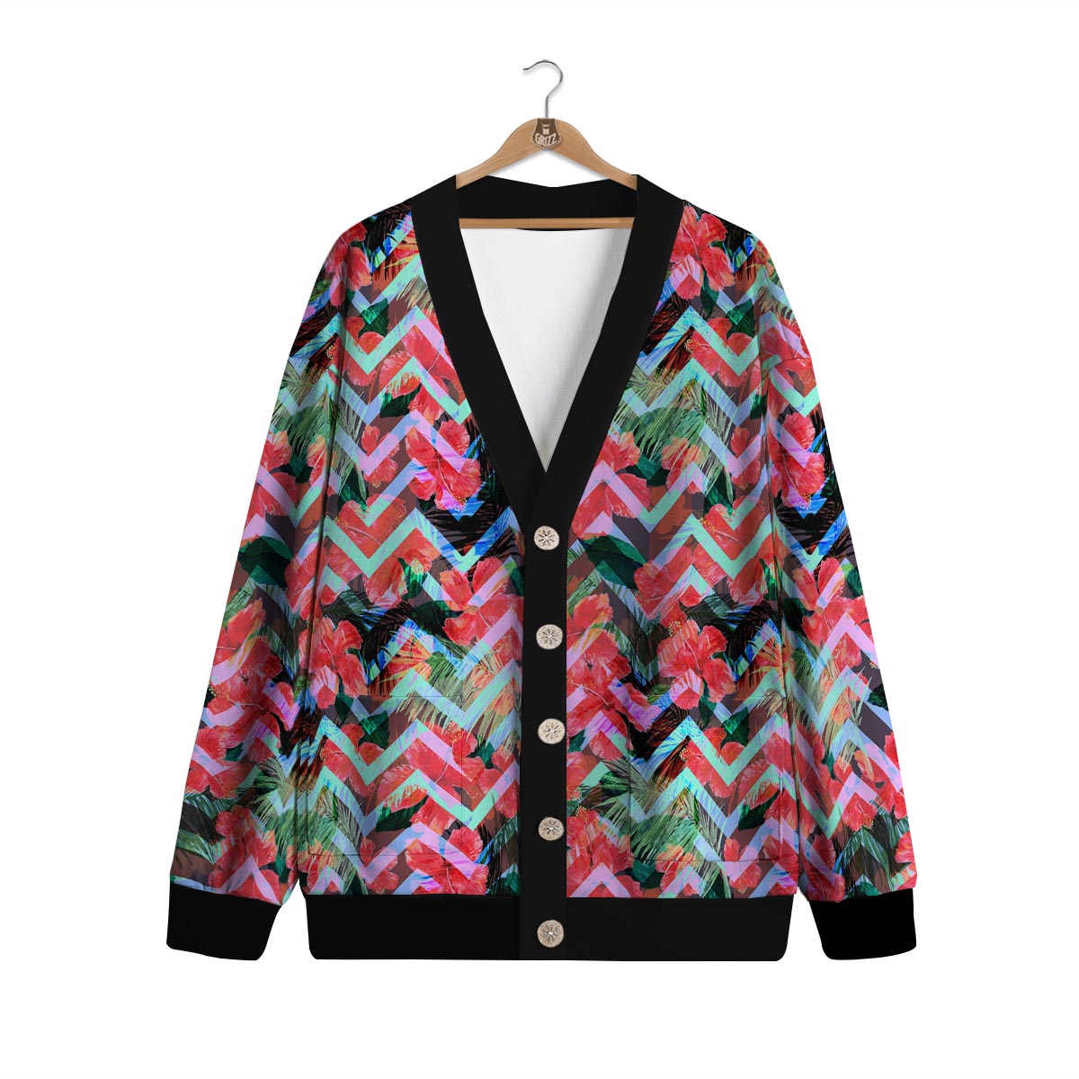 Chevron Red Hibiscus Print Pattern Cardigan-grizzshop