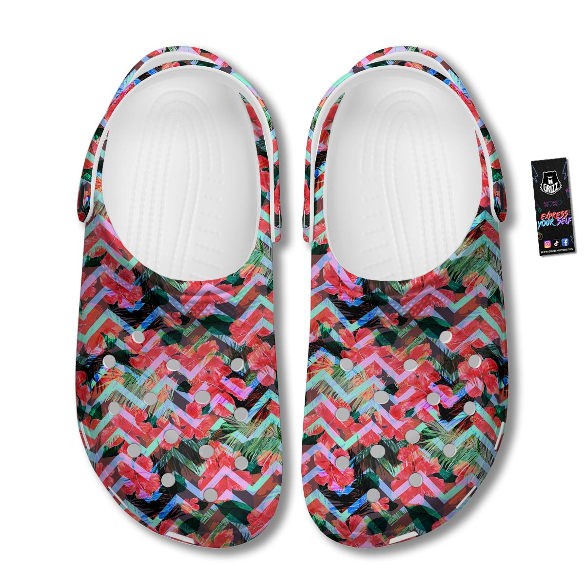 Chevron Red Hibiscus Print Pattern Clog-grizzshop