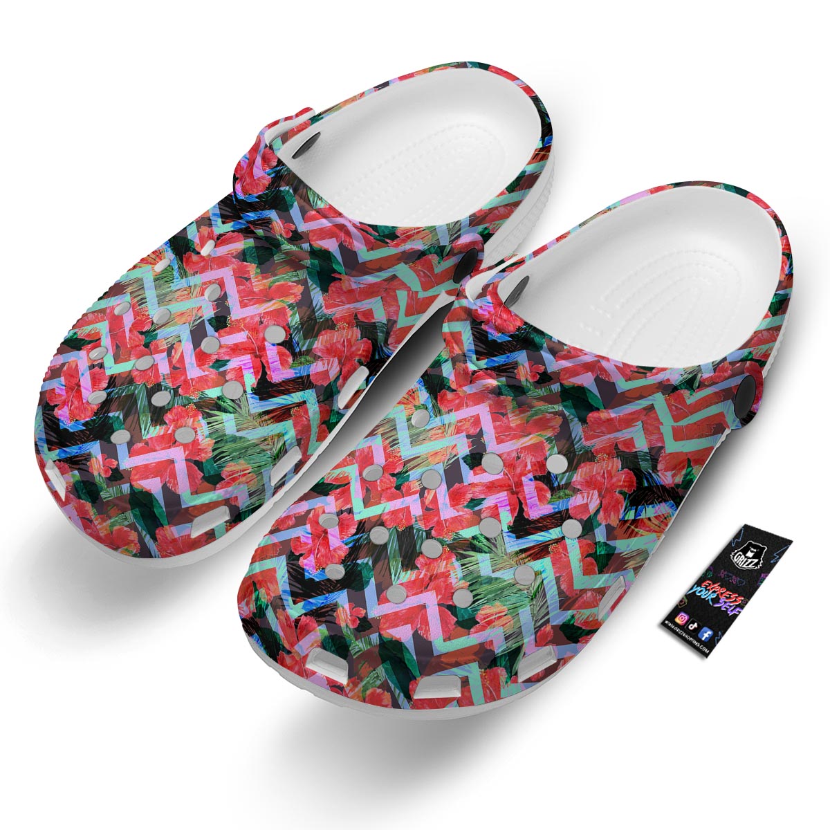 Chevron Red Hibiscus Print Pattern Clog-grizzshop