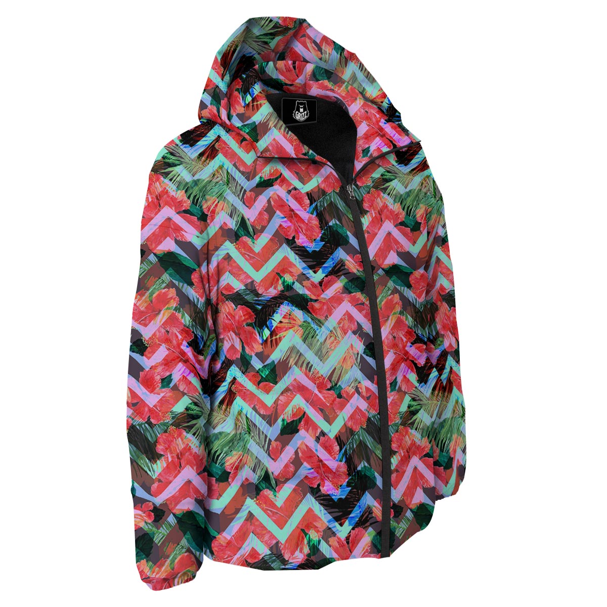 Chevron Red Hibiscus Print Pattern Down Jacket-grizzshop