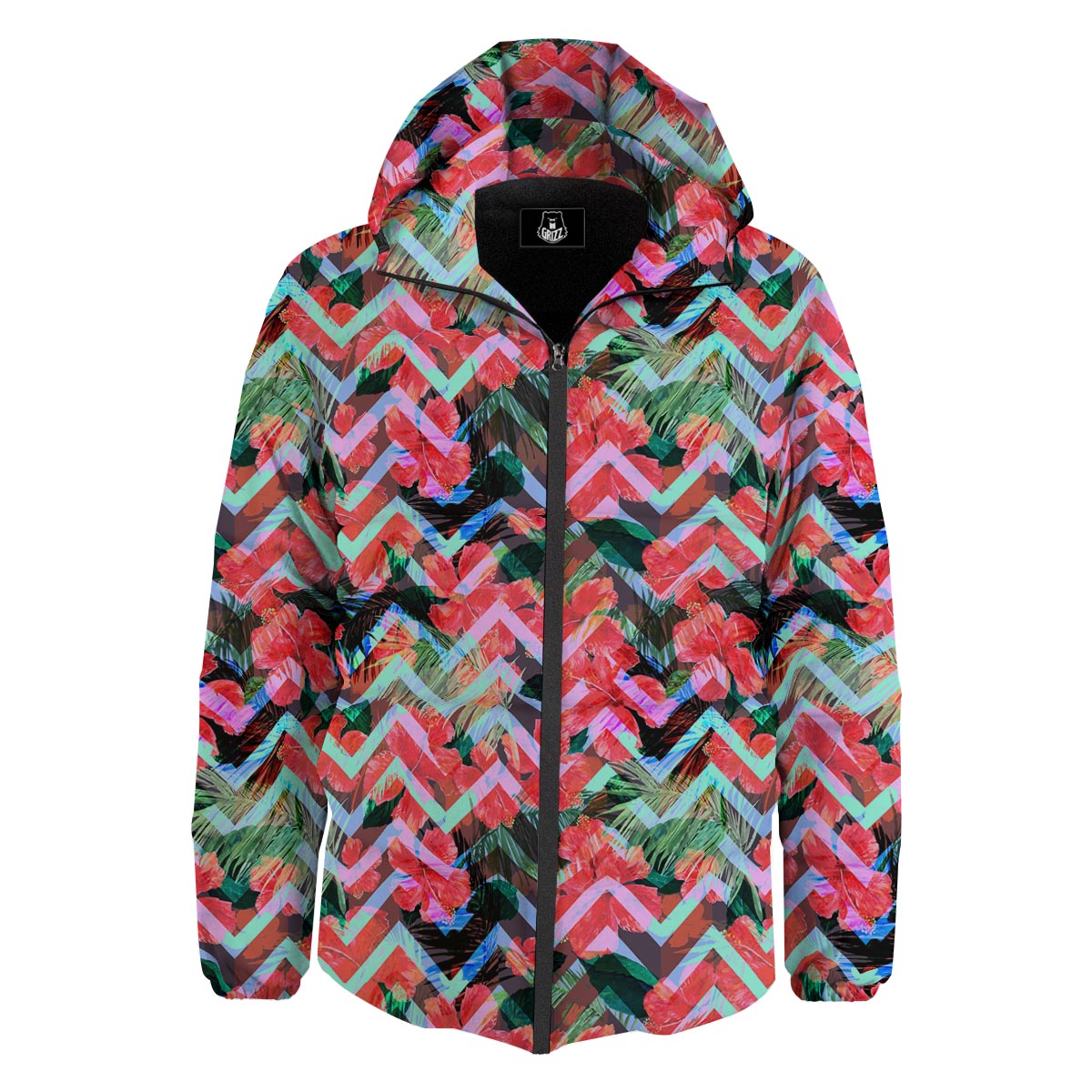 Chevron Red Hibiscus Print Pattern Down Jacket-grizzshop