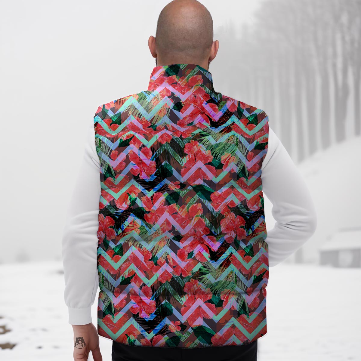 Chevron Red Hibiscus Print Pattern Down Vest