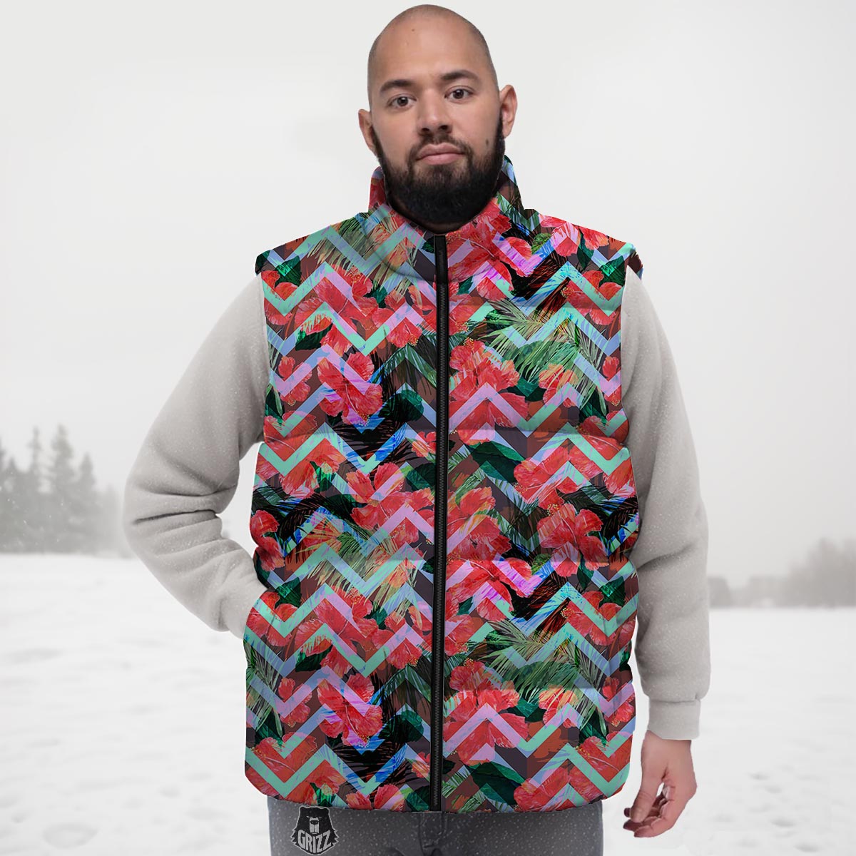 Chevron Red Hibiscus Print Pattern Down Vest