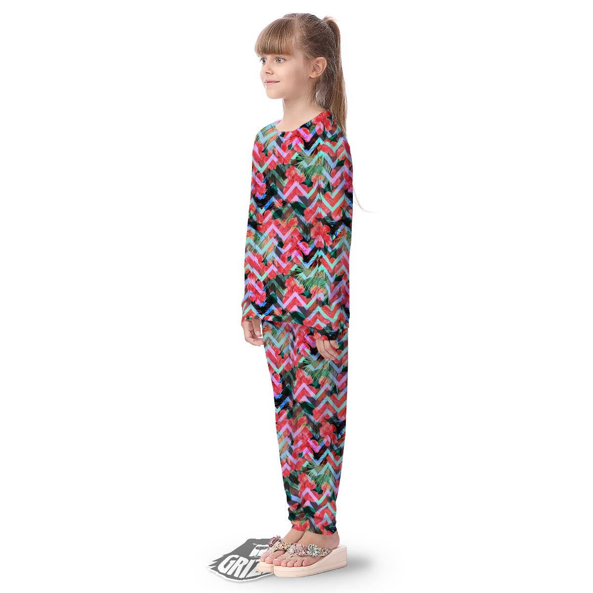 Chevron Red Hibiscus Print Pattern Kid's Pajamas-grizzshop