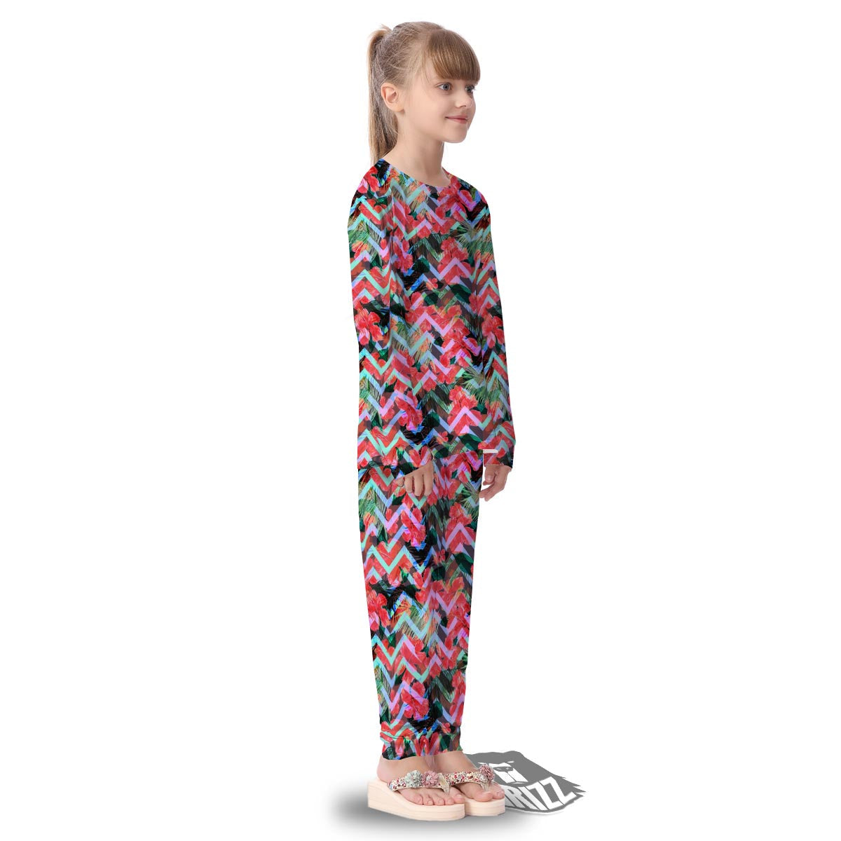 Chevron Red Hibiscus Print Pattern Kid's Pajamas-grizzshop