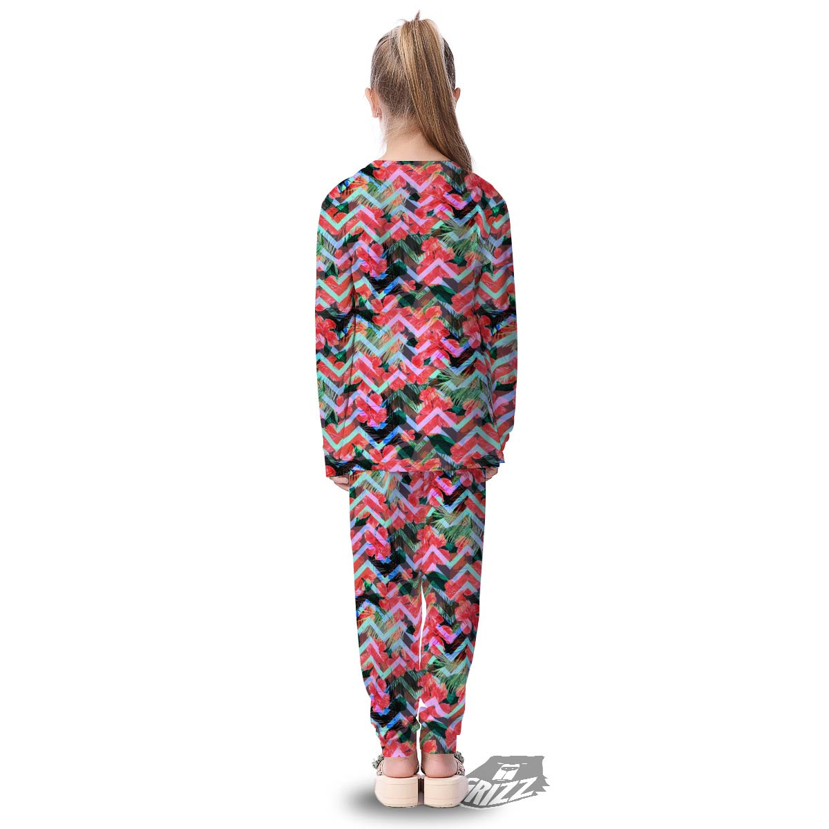 Chevron Red Hibiscus Print Pattern Kid's Pajamas-grizzshop
