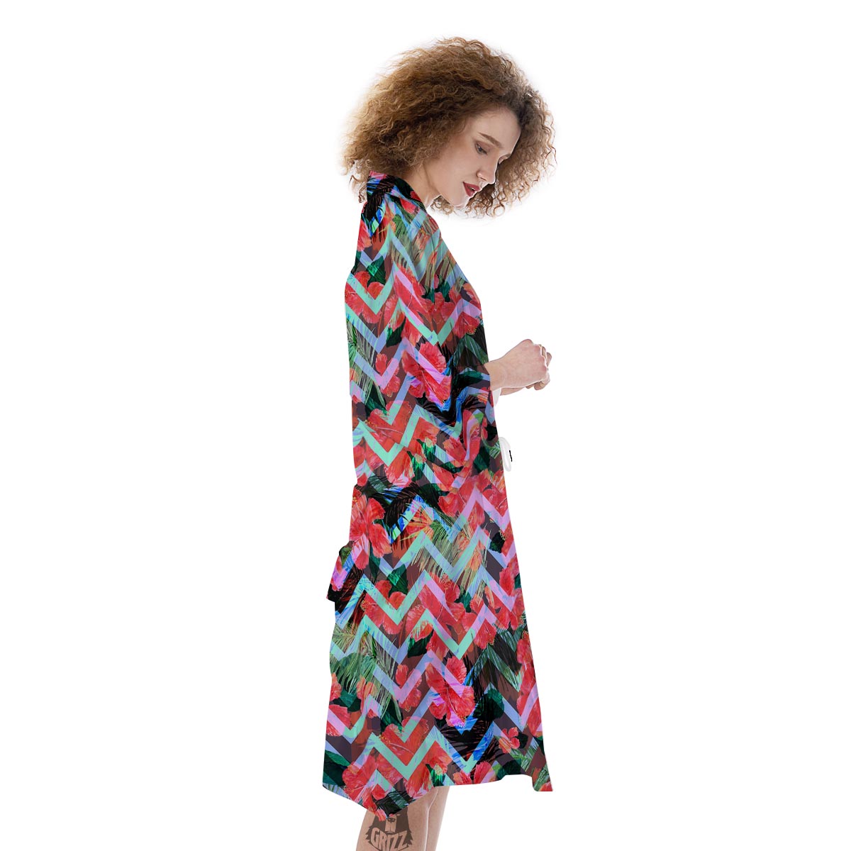 Chevron Red Hibiscus Print Pattern Kimono-grizzshop