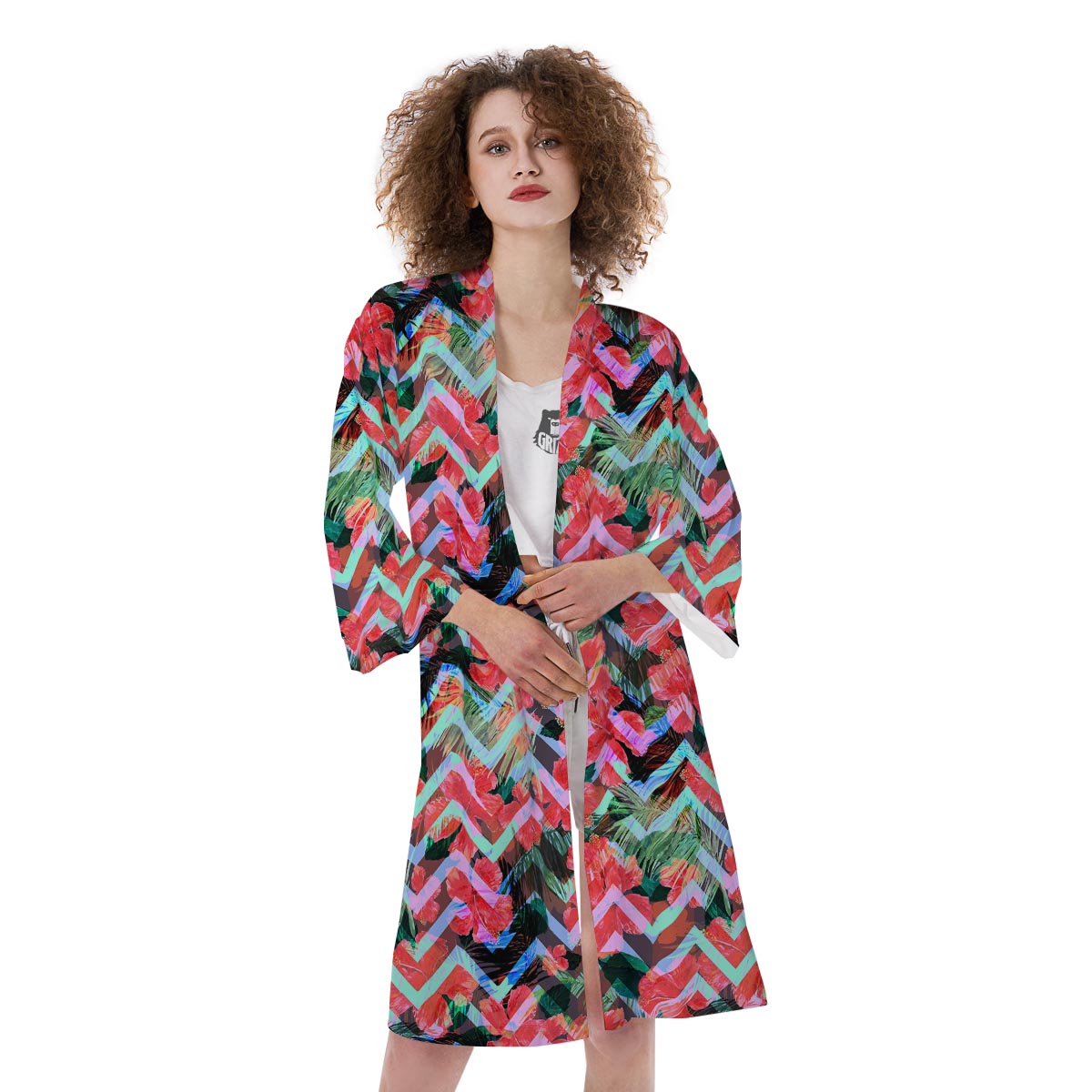 Chevron Red Hibiscus Print Pattern Kimono-grizzshop