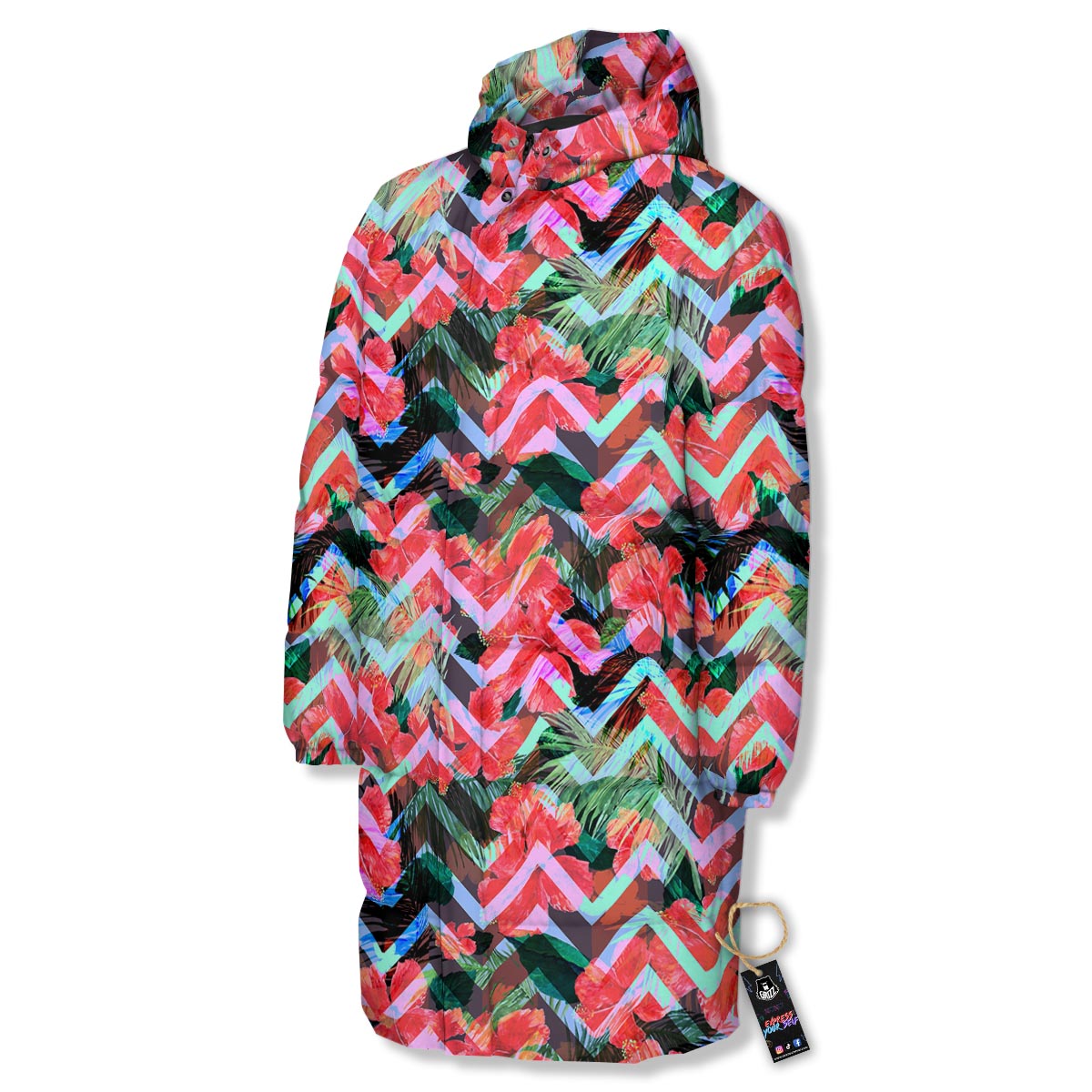 Chevron Red Hibiscus Print Pattern Long Down Jacket-grizzshop