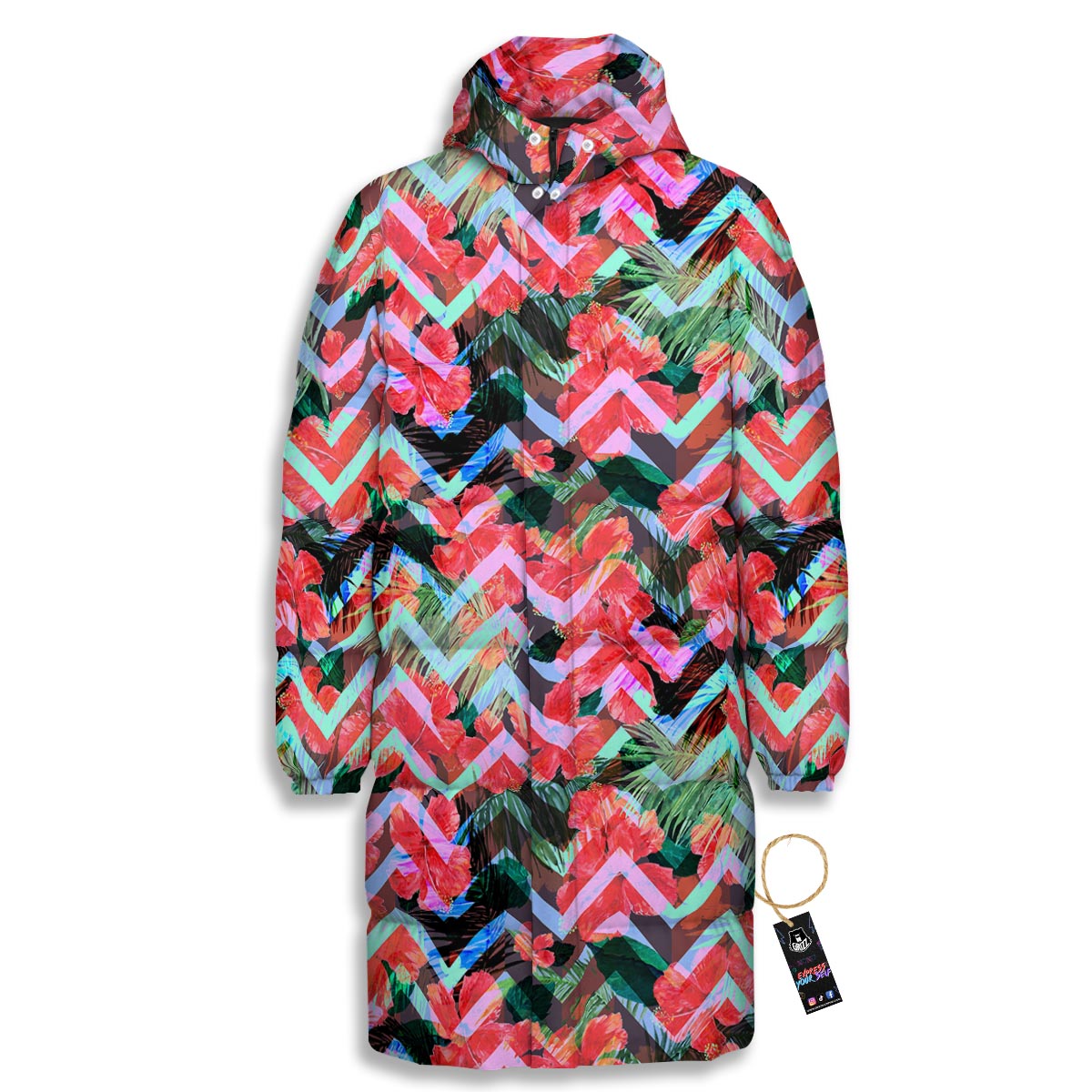 Chevron Red Hibiscus Print Pattern Long Down Jacket-grizzshop