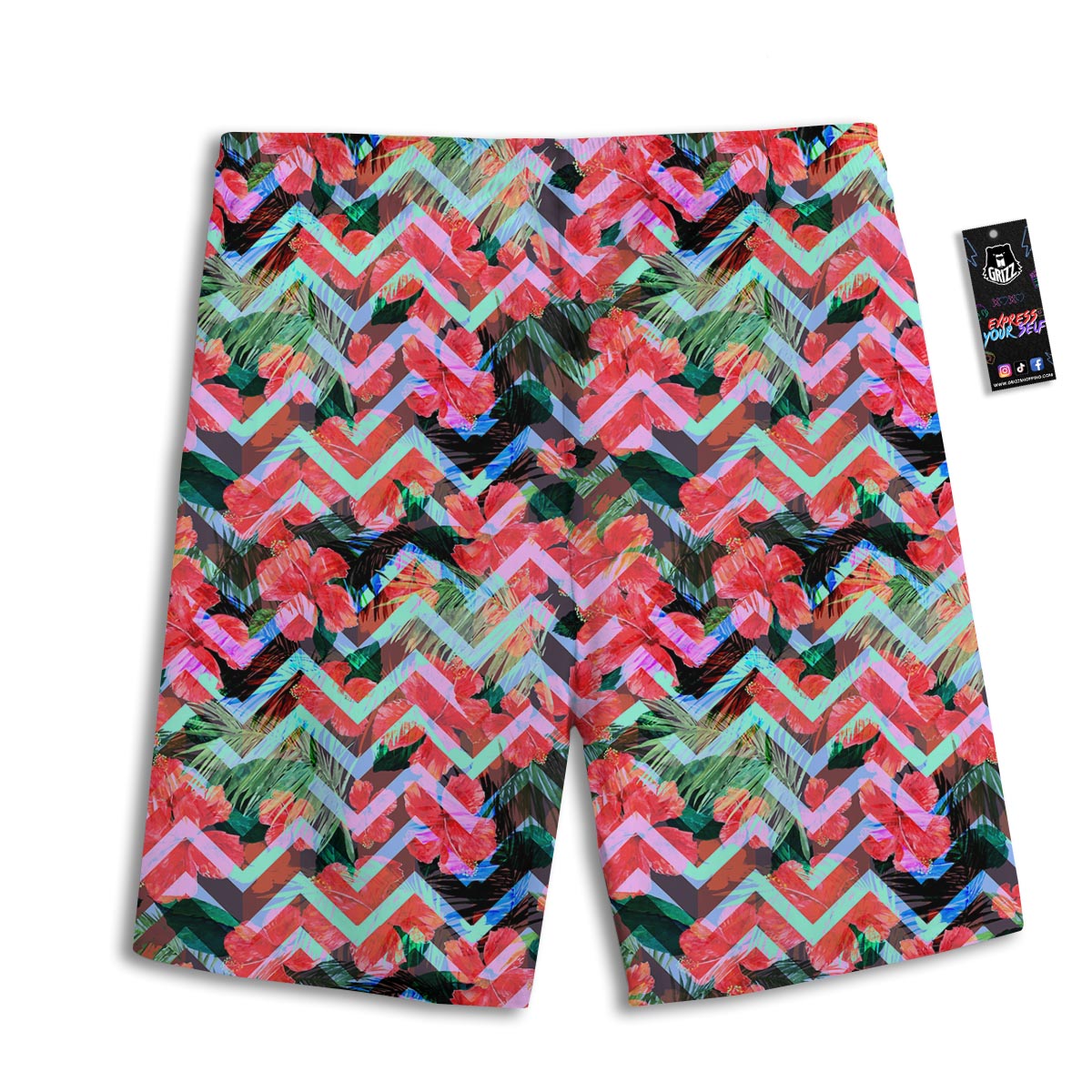 Chevron Red Hibiscus Print Pattern Men's Athletic Shorts