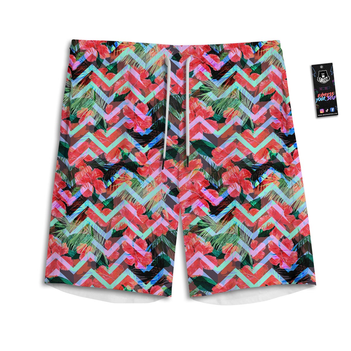 Chevron Red Hibiscus Print Pattern Men's Athletic Shorts