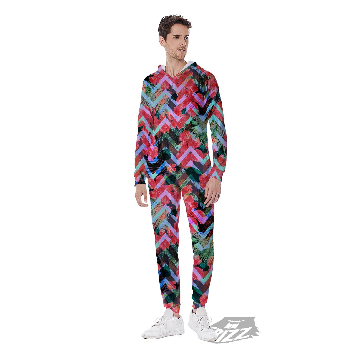 Chevron Red Hibiscus Print Pattern Men's Jumpsuit-grizzshop