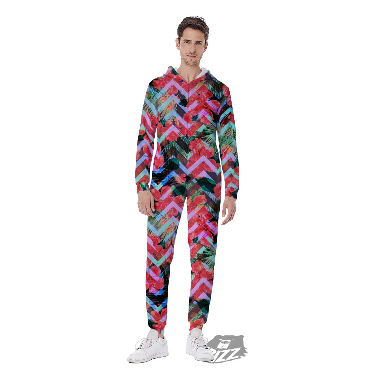Chevron Red Hibiscus Print Pattern Men's Jumpsuit-grizzshop