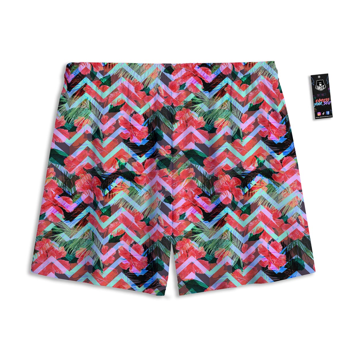Chevron Red Hibiscus Print Pattern Mesh Shorts