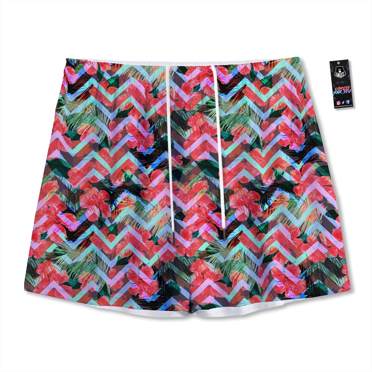 Chevron Red Hibiscus Print Pattern Mesh Shorts