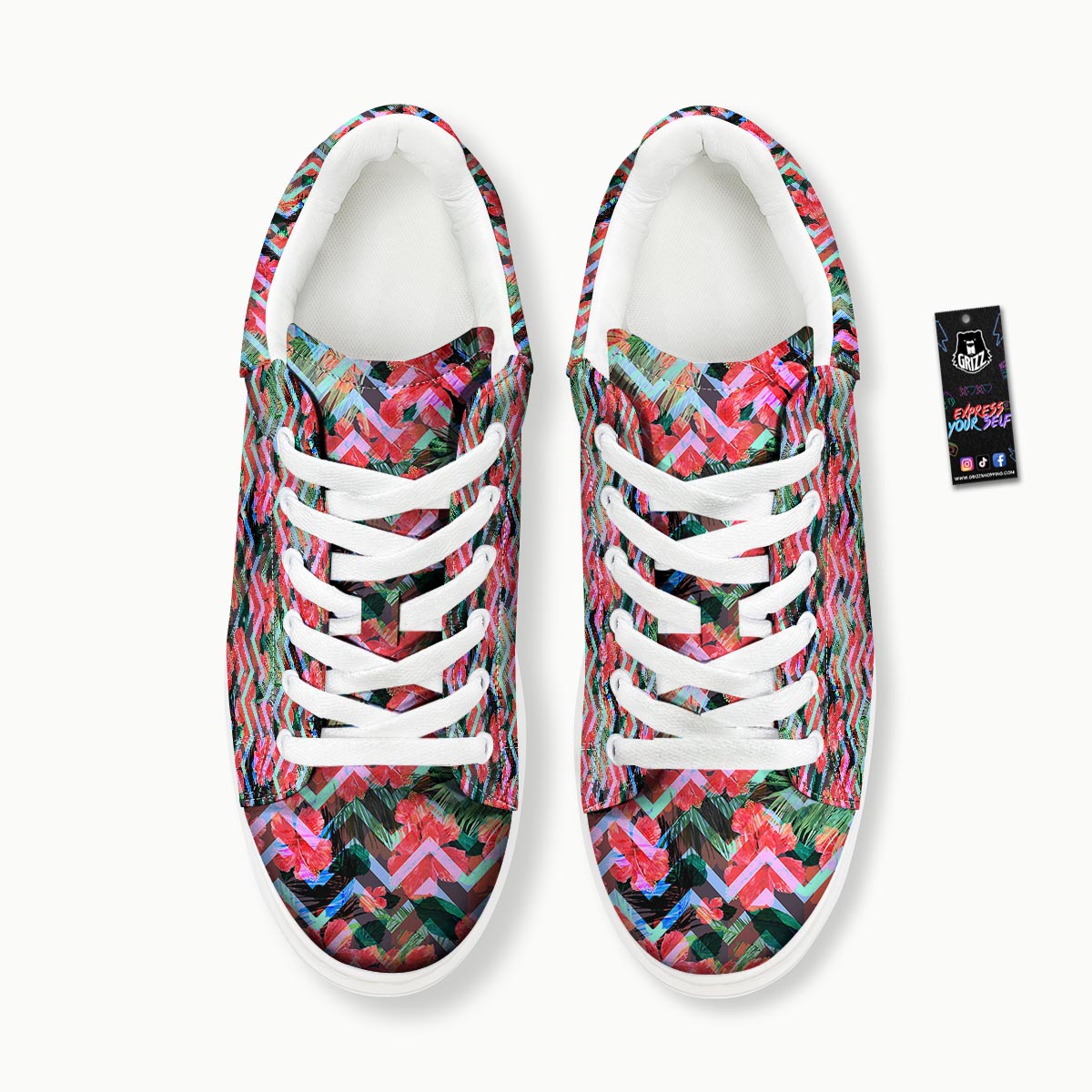 Chevron Red Hibiscus Print Pattern Platform Shoes-grizzshop