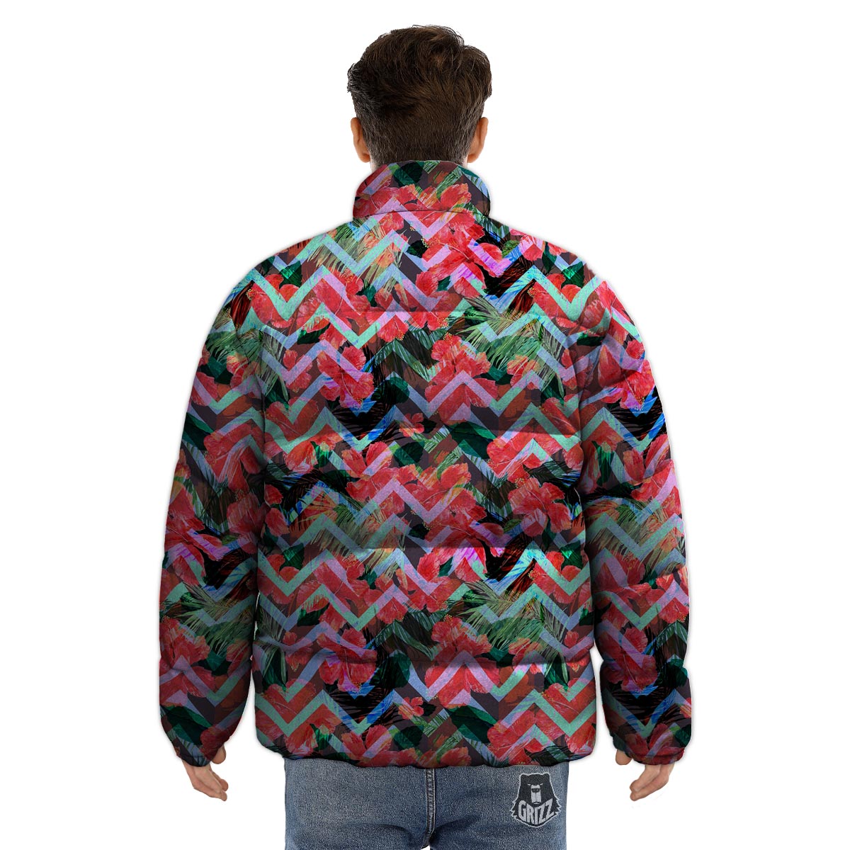 Chevron Red Hibiscus Print Pattern Puffer Jacket-grizzshop