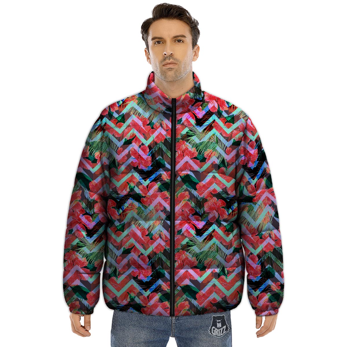 Chevron Red Hibiscus Print Pattern Puffer Jacket-grizzshop