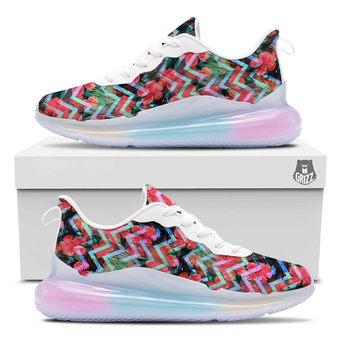 Chevron Red Hibiscus Print Pattern Running Sneakers-grizzshop
