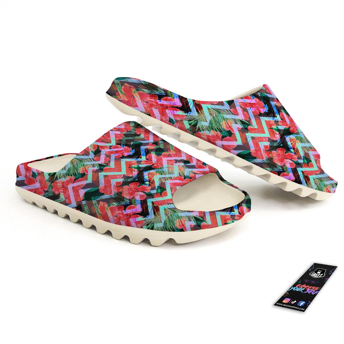 Chevron Red Hibiscus Print Pattern Sandals-grizzshop