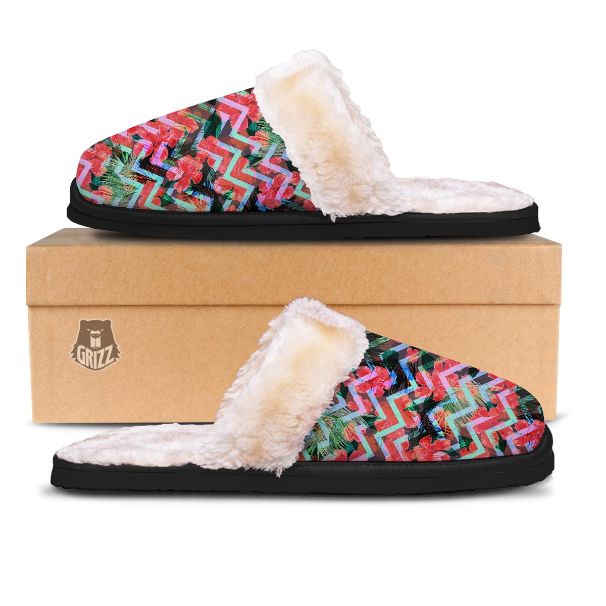 Chevron Red Hibiscus Print Pattern Slippers-grizzshop