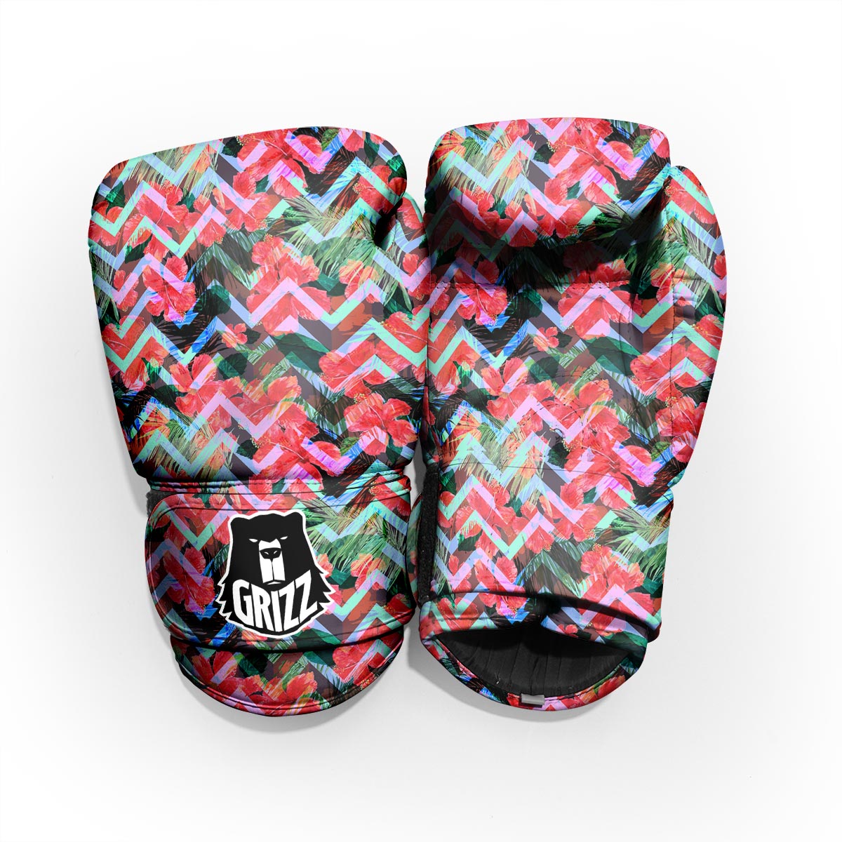 Chevron Red Hibiscus Print Pattern Pro Boxing Glove