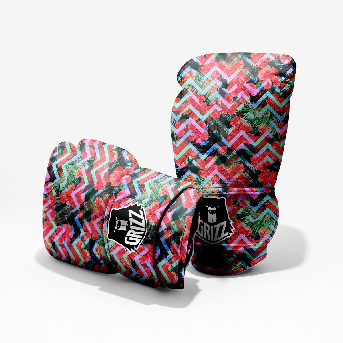 Chevron Red Hibiscus Print Pattern Pro Boxing Glove