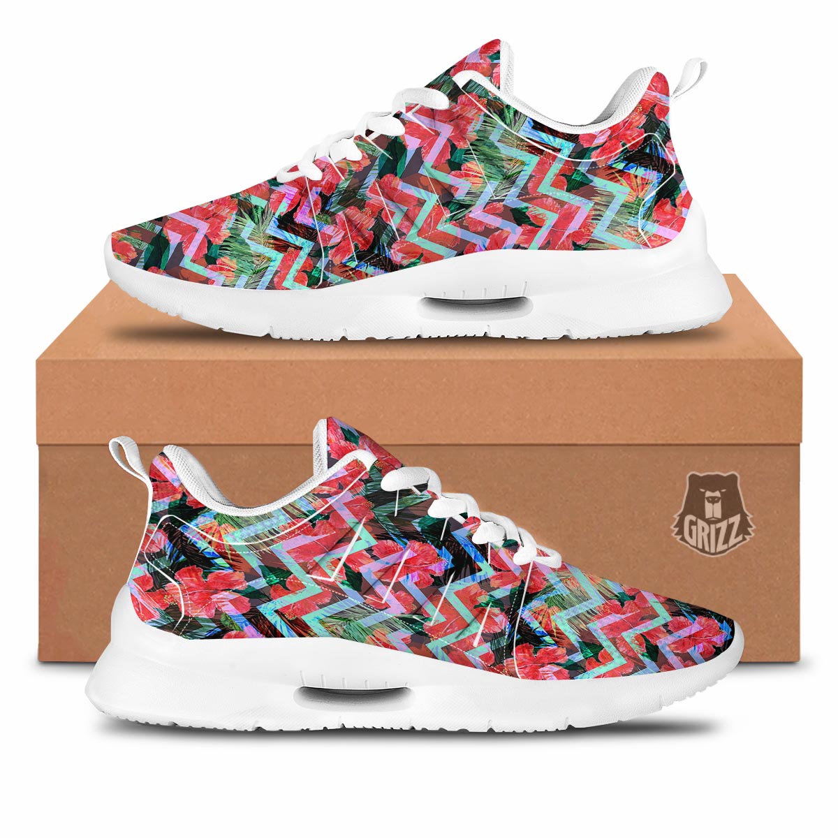 Chevron Red Hibiscus Print Pattern Tennis Shoes-grizzshop