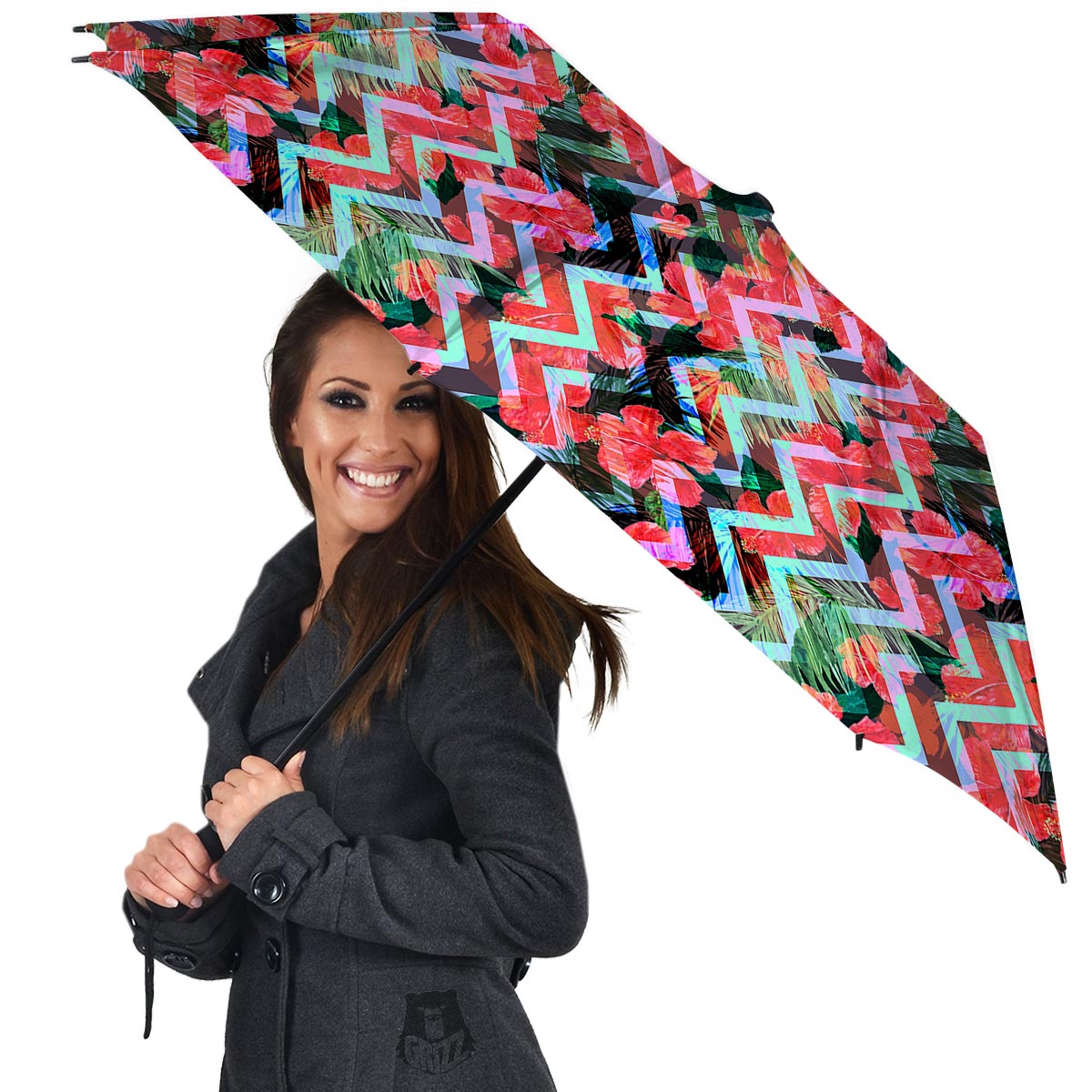 Chevron Red Hibiscus Print Pattern Umbrella-grizzshop