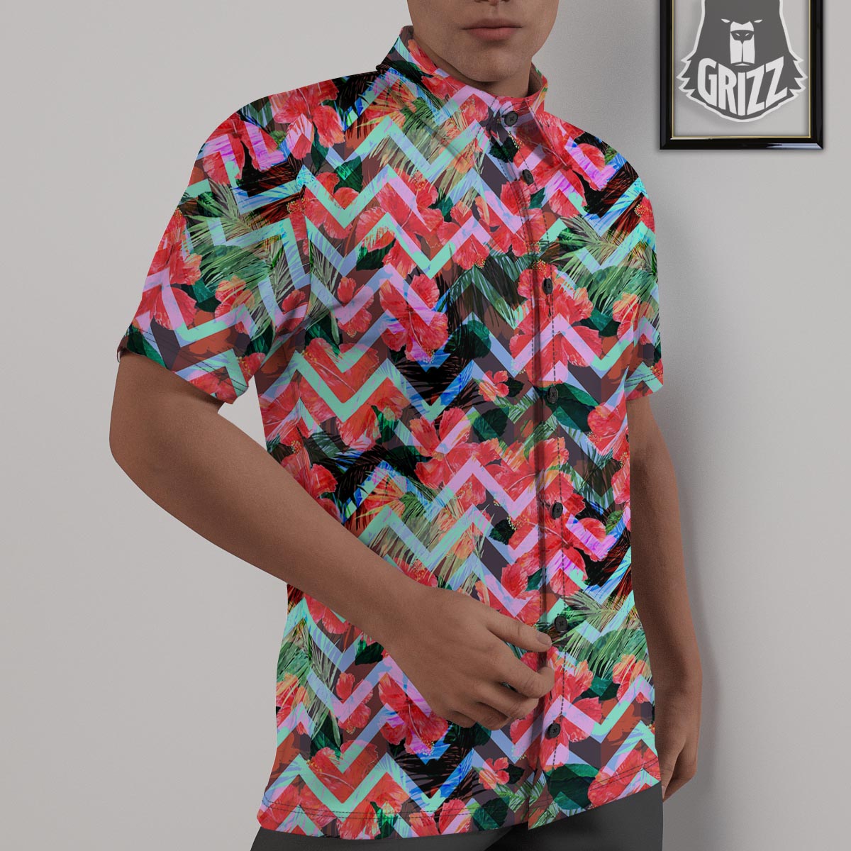 Chevron Red Hibiscus Print Pattern Untucked Shirts-grizzshop