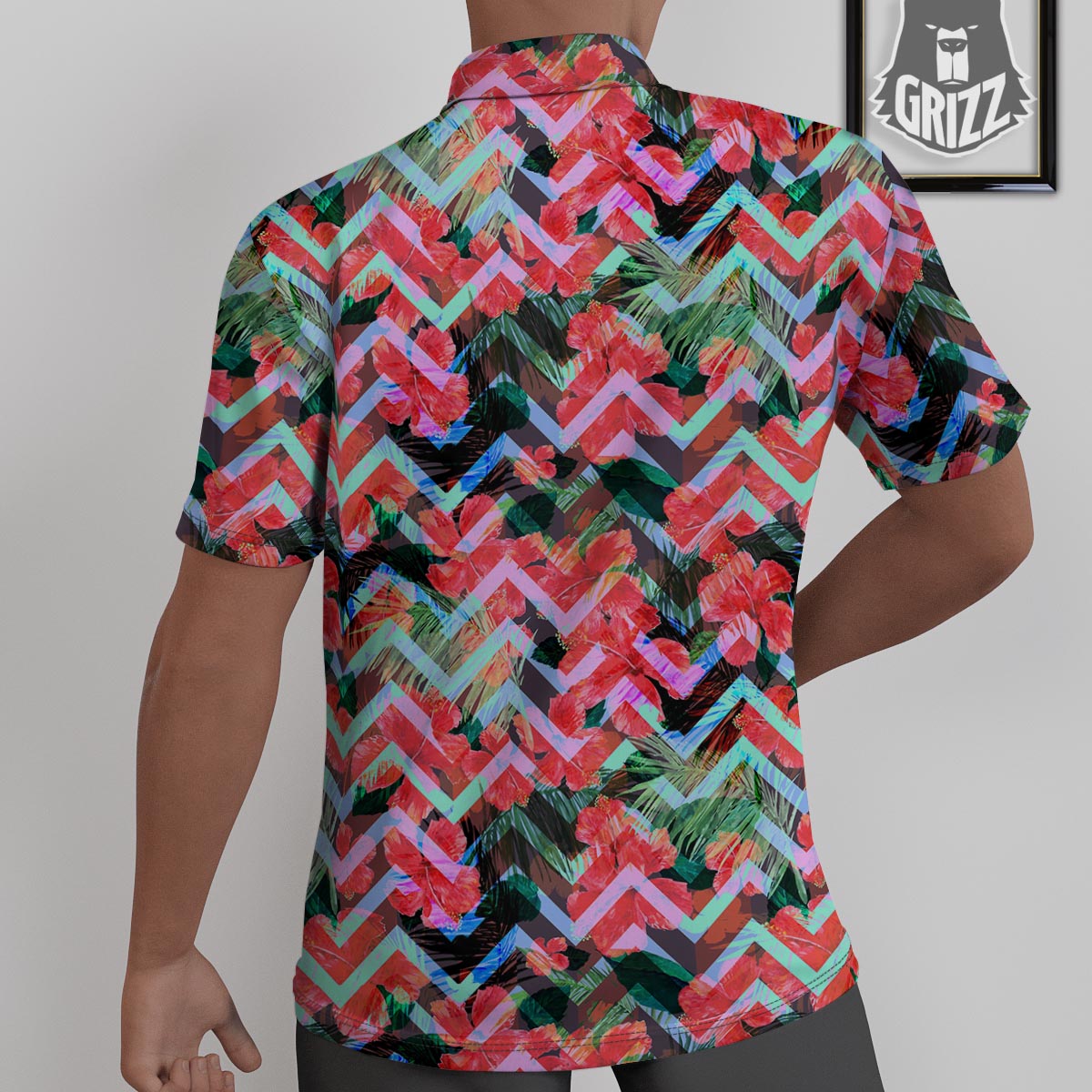 Chevron Red Hibiscus Print Pattern Untucked Shirts-grizzshop