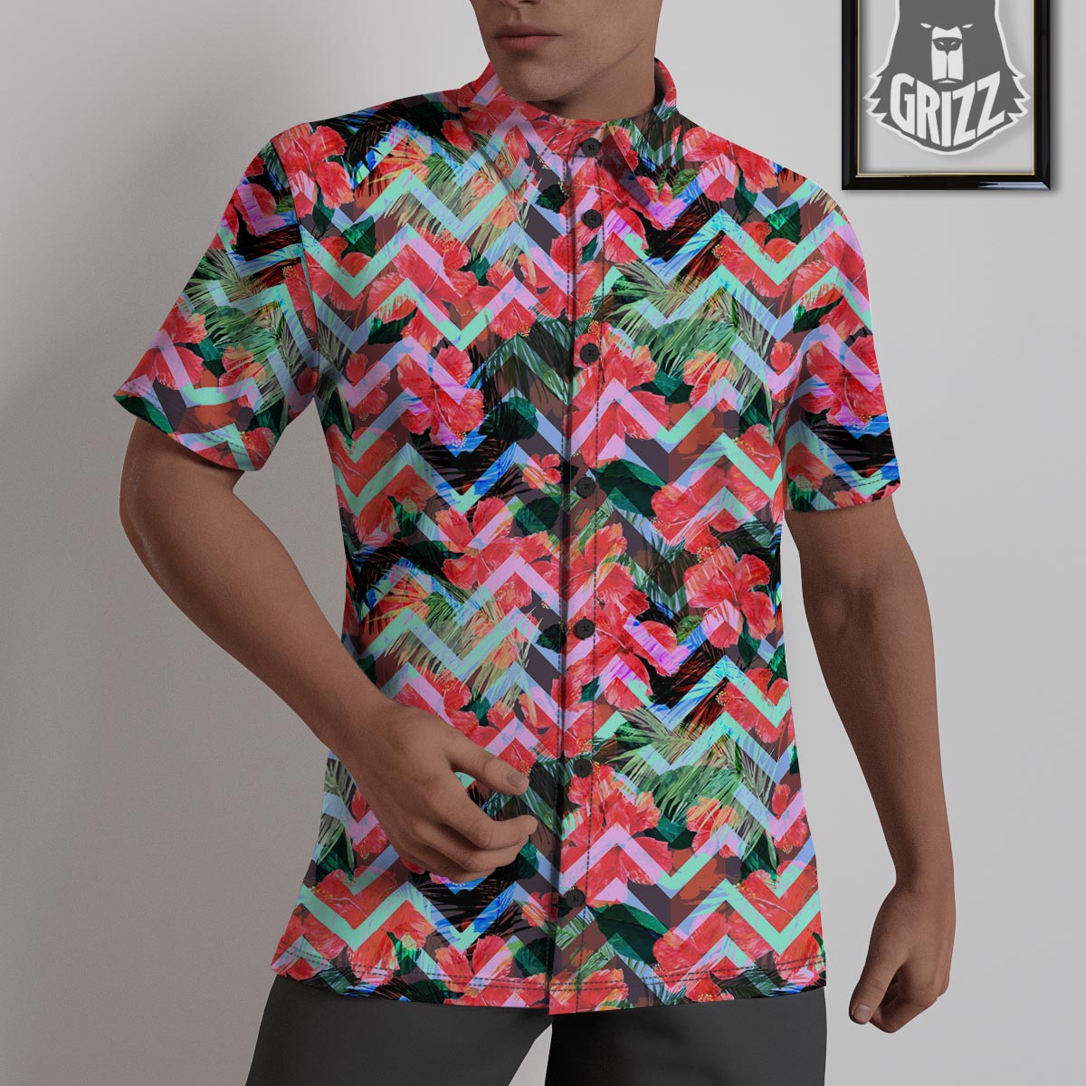 Chevron Red Hibiscus Print Pattern Untucked Shirts-grizzshop