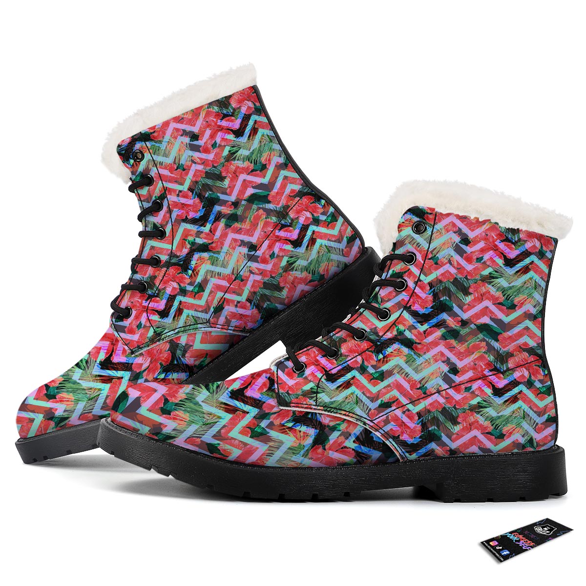 Chevron Red Hibiscus Print Pattern Winter Boots-grizzshop