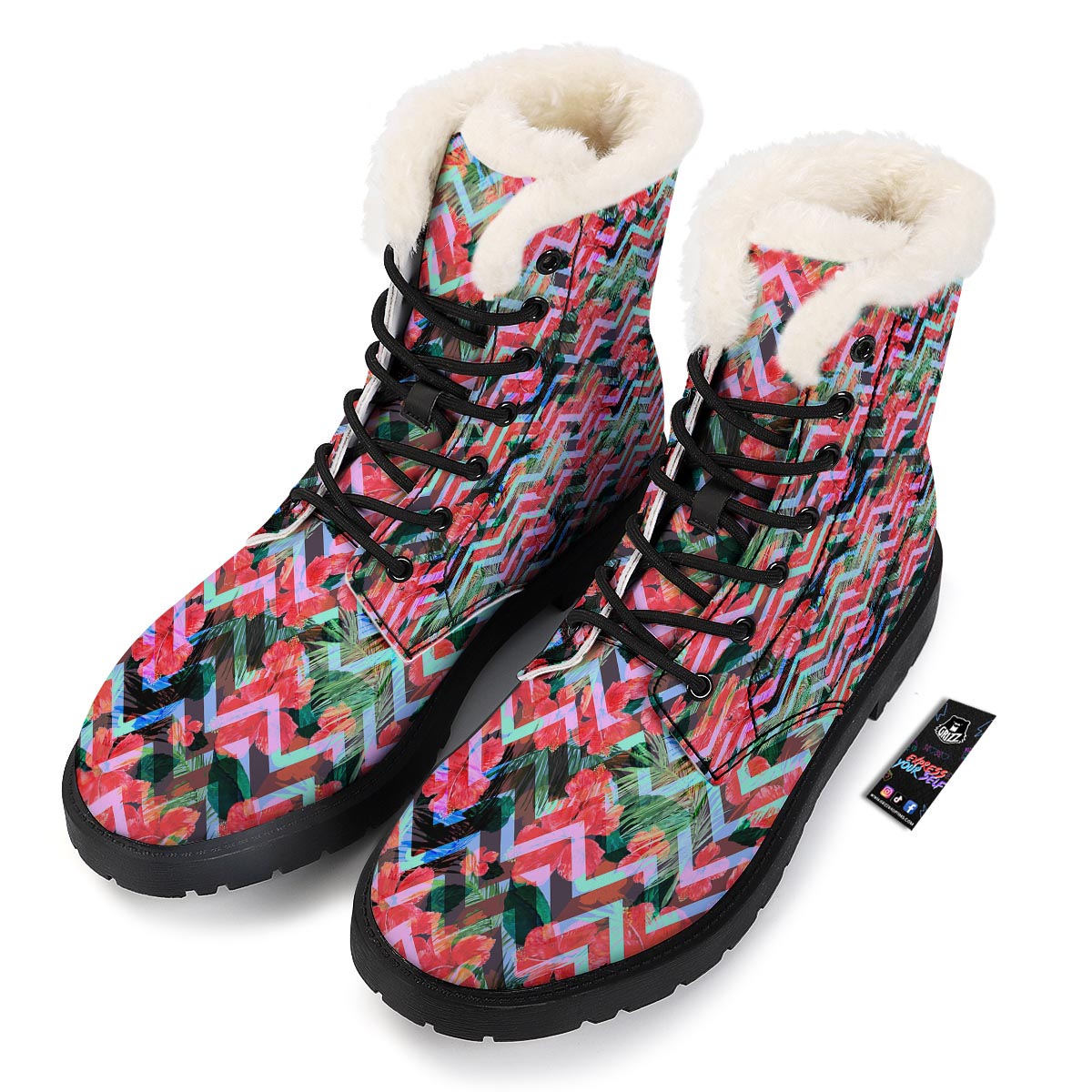 Chevron Red Hibiscus Print Pattern Winter Boots-grizzshop