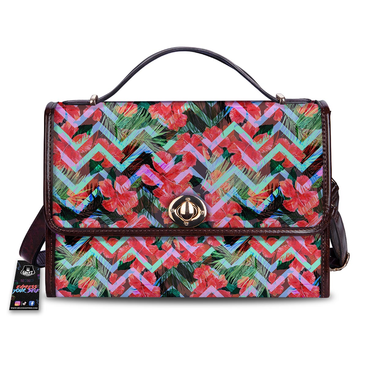 Chevron Red Hibiscus Print Pattern Women's Satchel Bag-grizzshop
