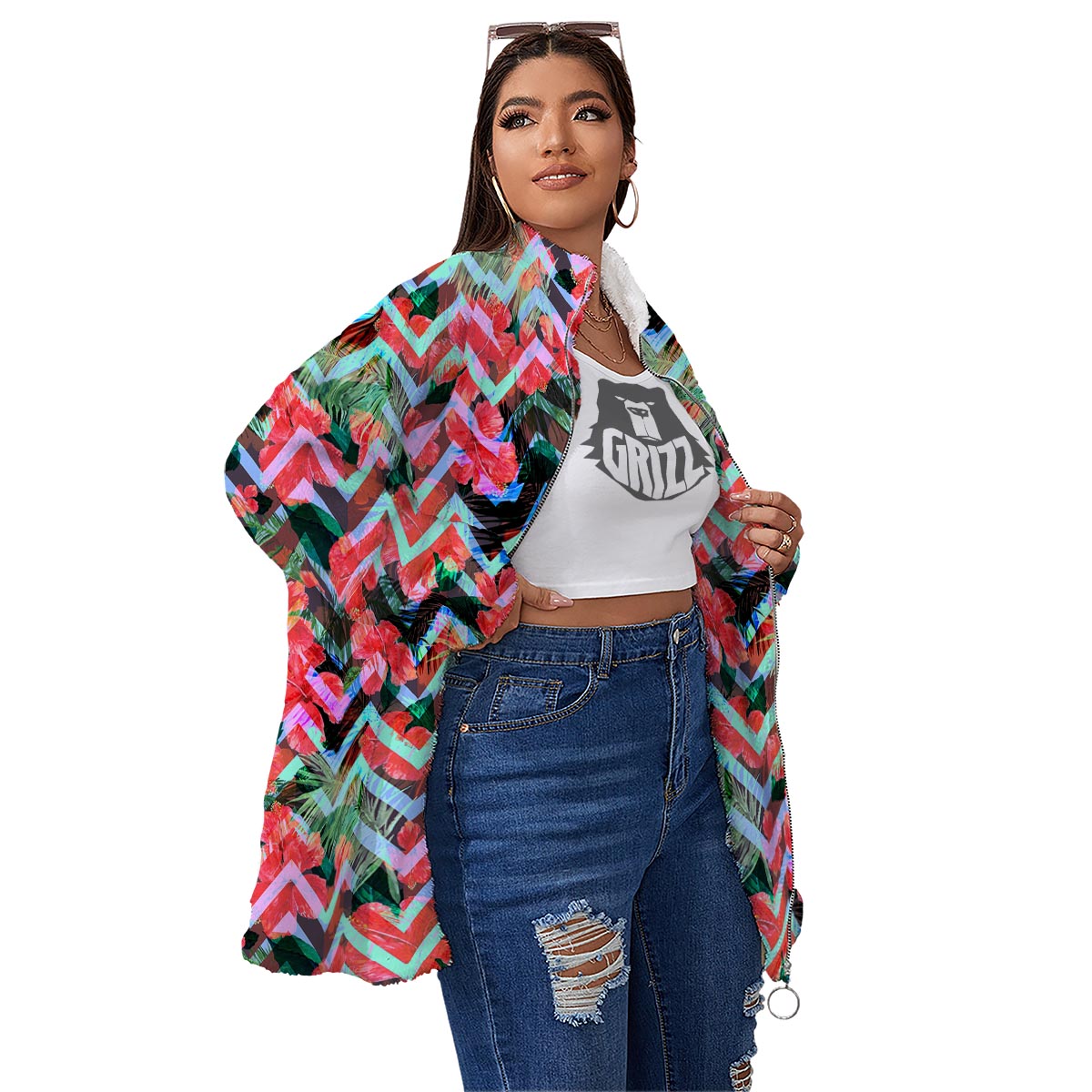Chevron Red Hibiscus Print Pattern Women's Sherpa Jacket-grizzshop