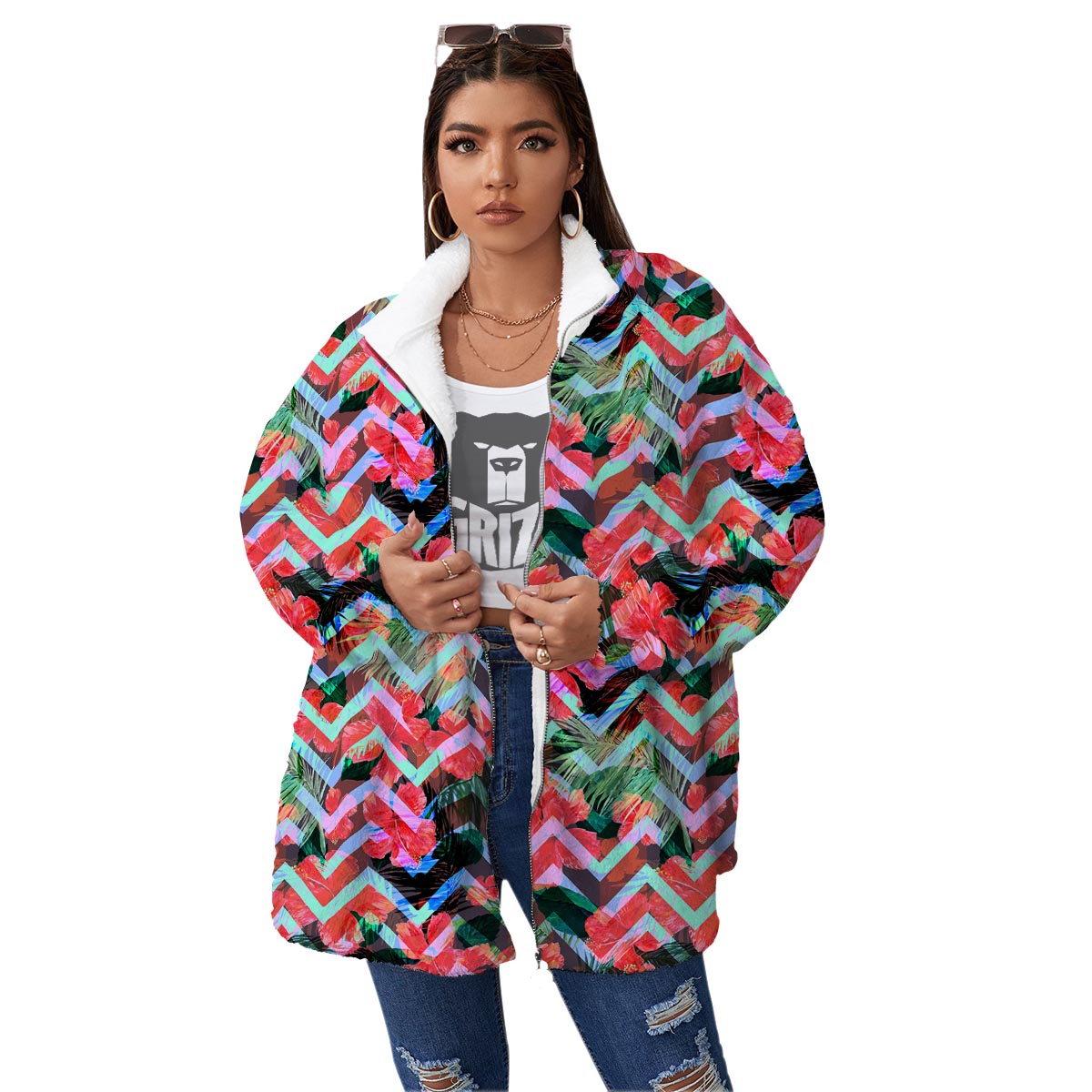 Chevron Red Hibiscus Print Pattern Women's Sherpa Jacket-grizzshop