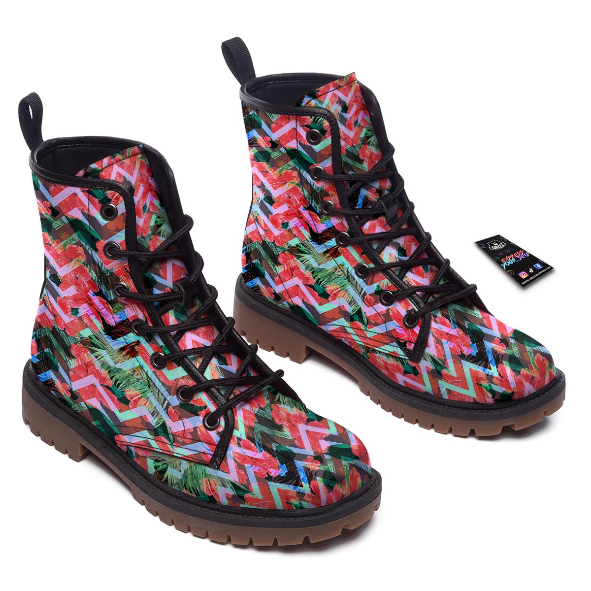 Chevron Red Hibiscus Print Pattern Work Boots-grizzshop
