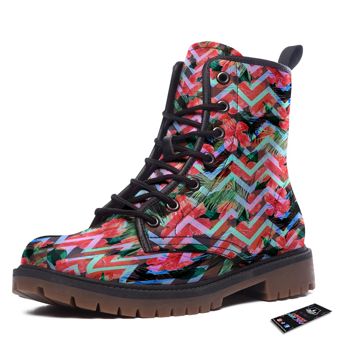 Chevron Red Hibiscus Print Pattern Work Boots-grizzshop