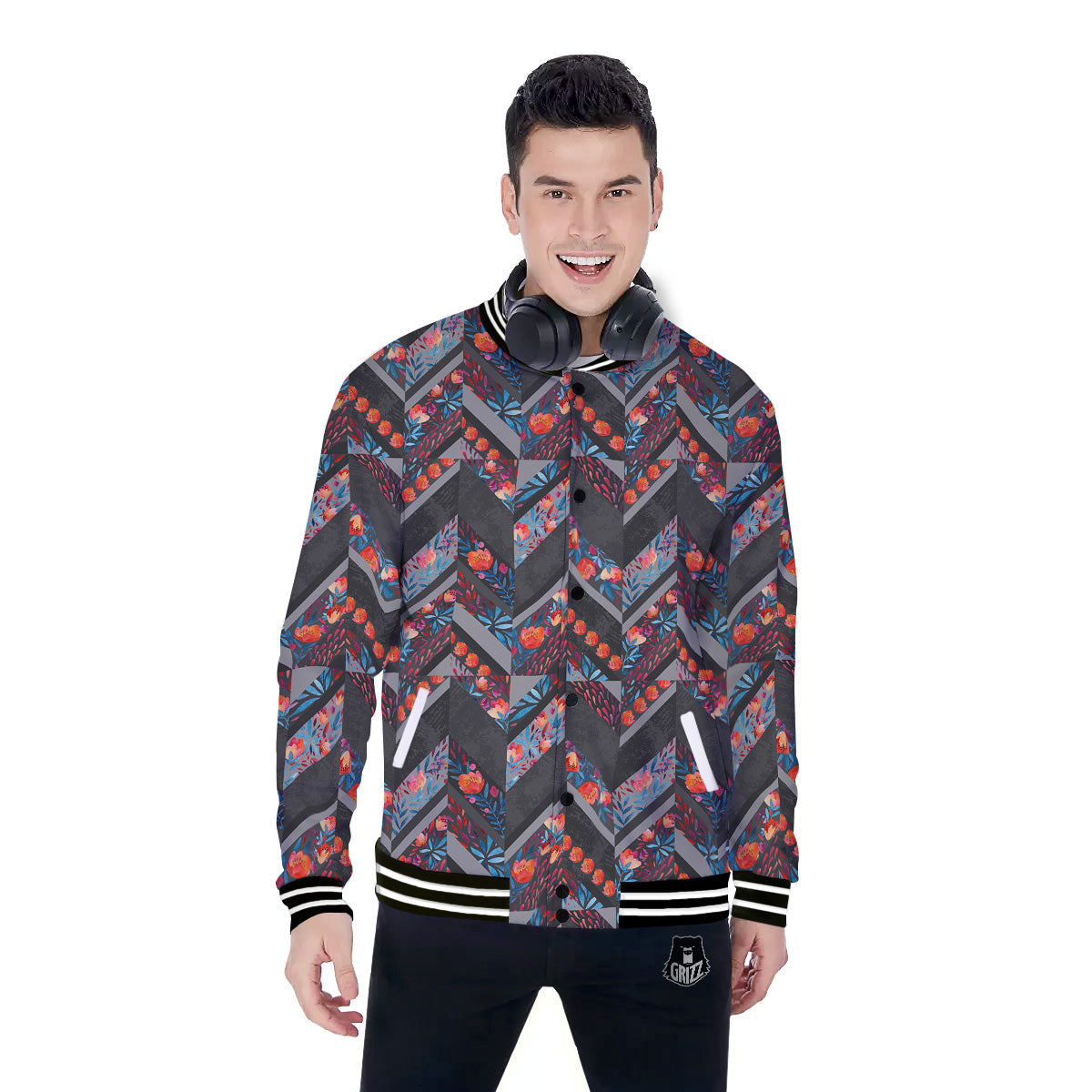 Chevron Watercolor Flowers Print Pattern Baseball Jacket-grizzshop