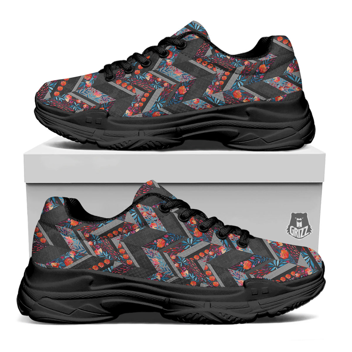 Chevron Watercolor Flowers Print Pattern Black Chunky Shoes-grizzshop