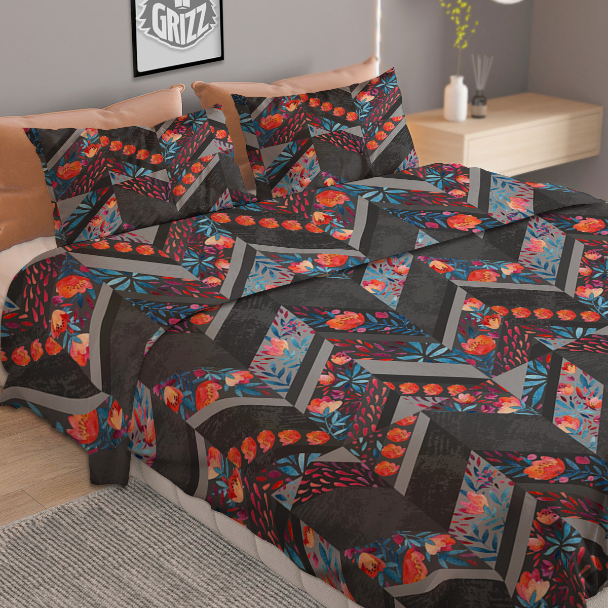 Chevron Watercolor Flowers Print Pattern Duvet Cover Bedding Set