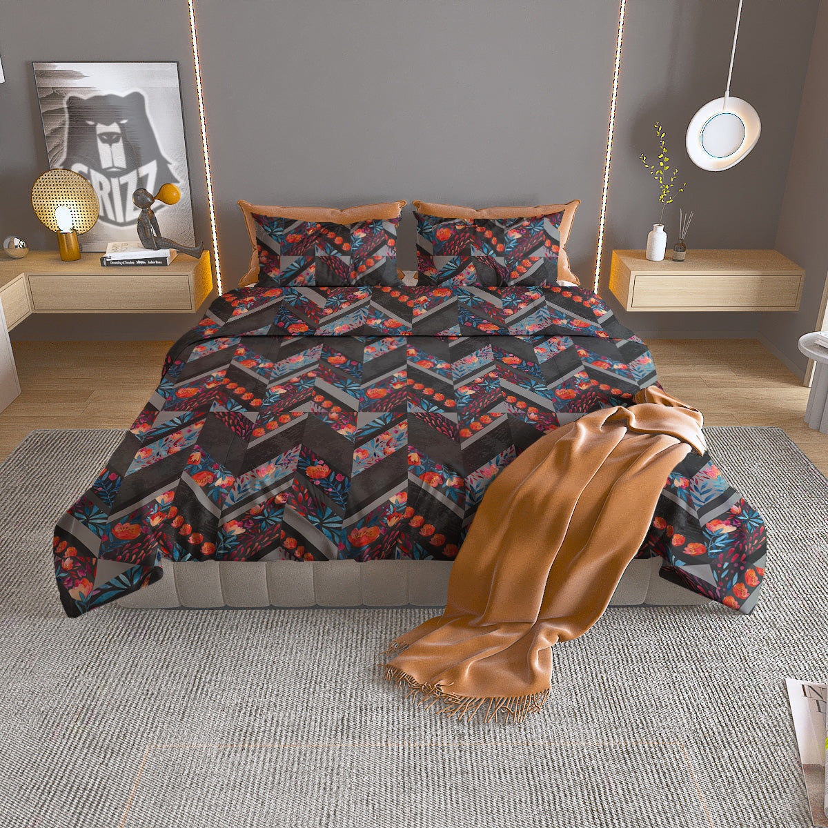 Chevron Watercolor Flowers Print Pattern Duvet Cover Bedding Set