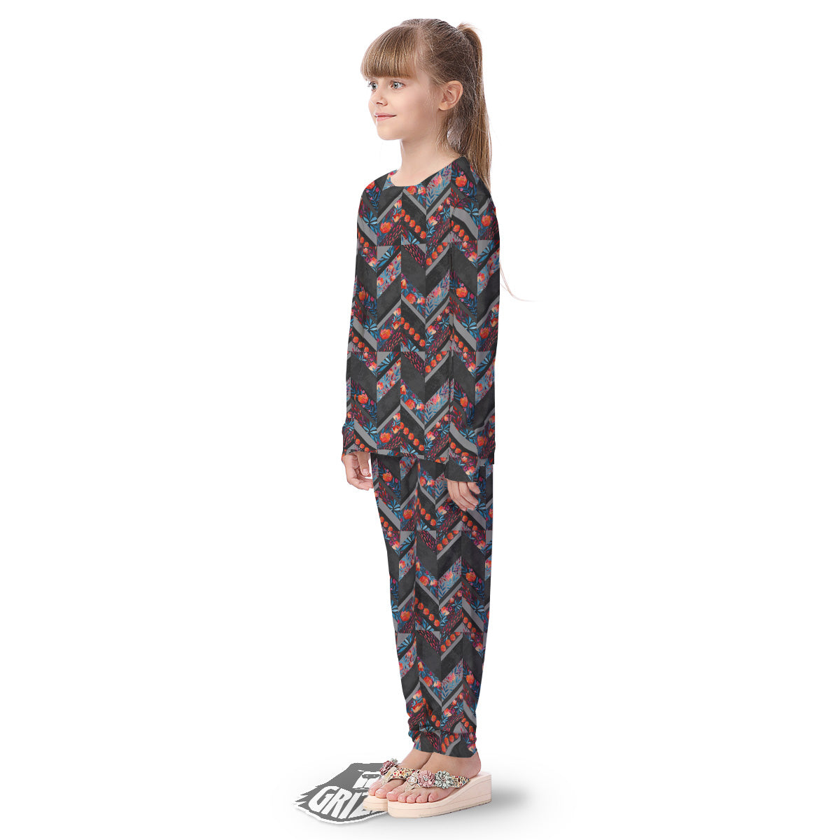 Chevron Watercolor Flowers Print Pattern Kid's Pajamas-grizzshop