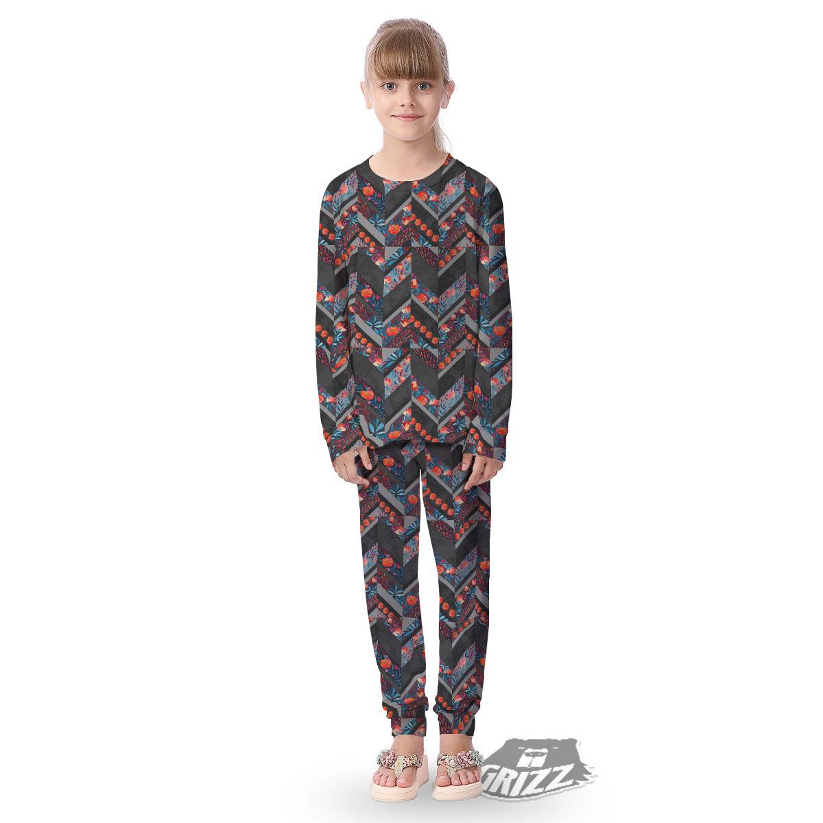 Chevron Watercolor Flowers Print Pattern Kid's Pajamas-grizzshop